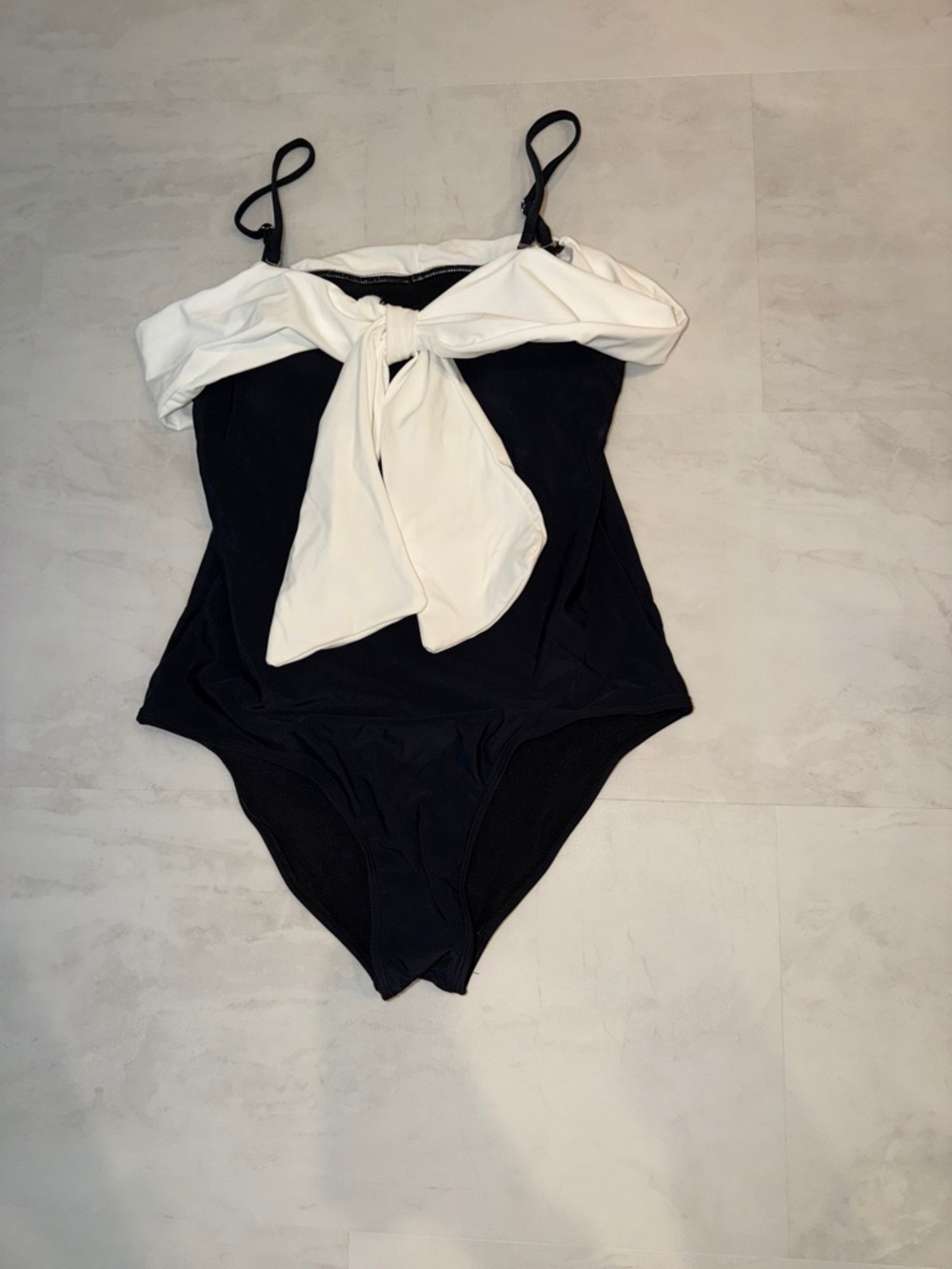 Black One-Piece Swimsuit with White Front Tie bow